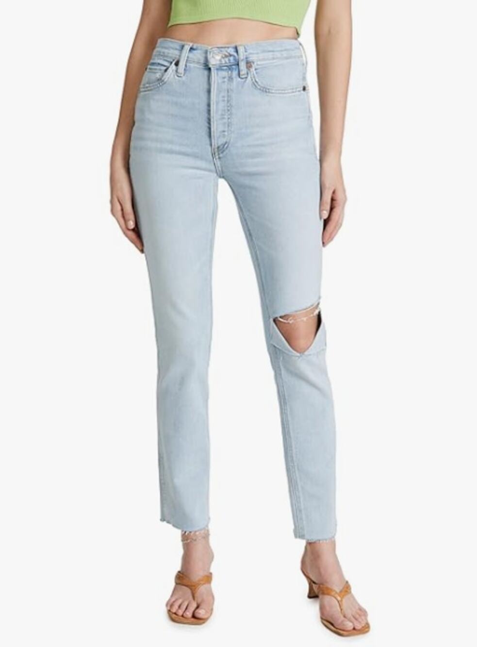 RE/DONE Womens 80s Slim Straight Jeans Size 26 US 2 Icy Blue Hole Button Fly NWT